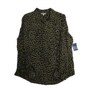 Lucky Brand Women's Green/Black Leopard Print Button-Down Blouse Size L